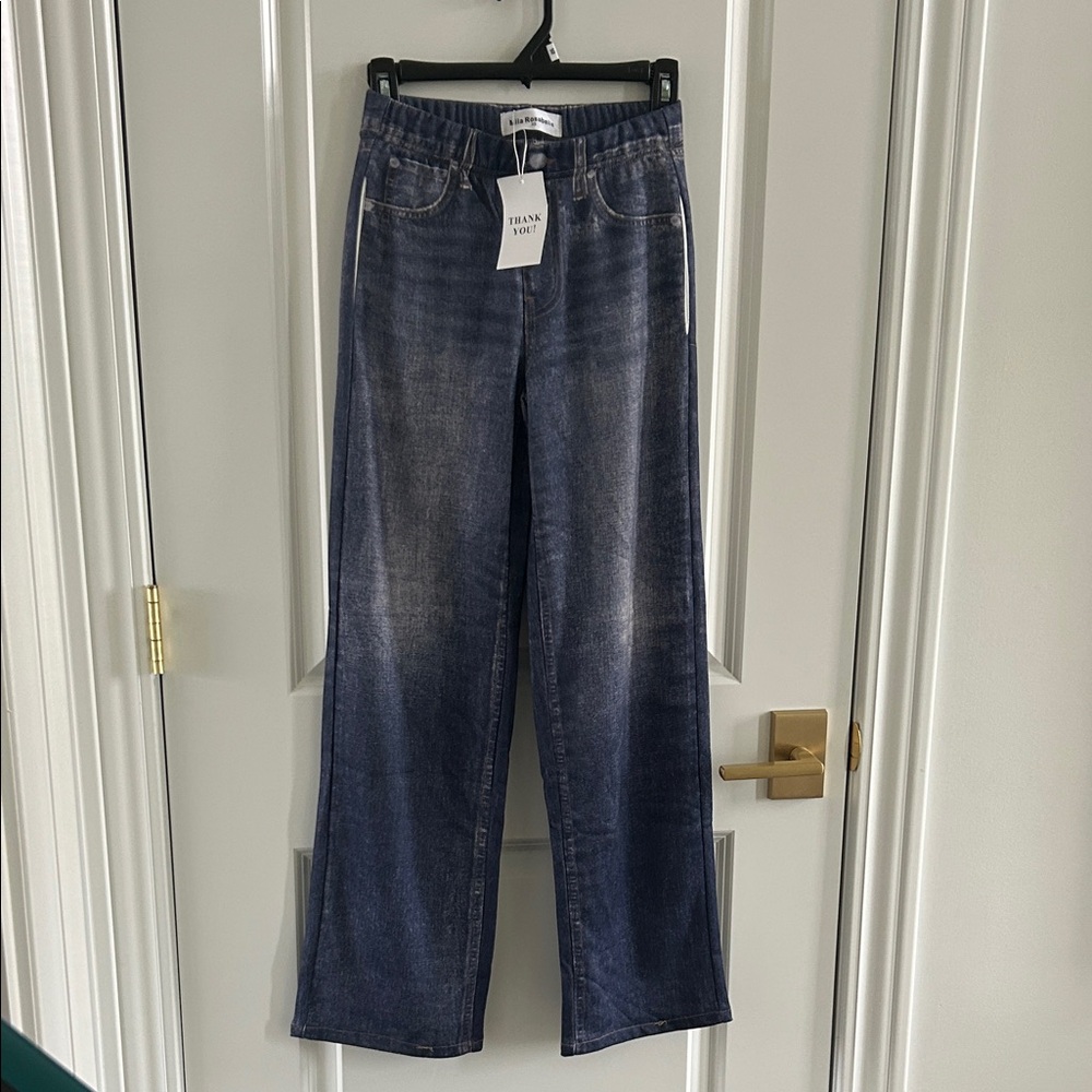 Wide-Leg Flare Jeans in Dark Blue with Elastic Waist